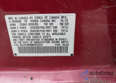 2006 Honda Ridgeline Rtl z USA, uszkodzony, nr VIN 2HJYK16566H521231